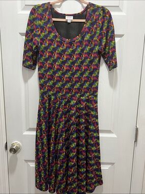 LuLaRoe Nicole Multicolor Geometric Midi Dress - Green Blue Pink